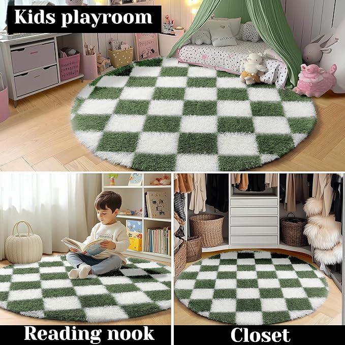 KICMOR Round Rugs 5ft Olive Green and White Circle Area Rug, Fluffy Soft Fuzzy Shag Shaggy Bedroom Living Room Carpet, Indoor Checkered Circular Rug for Kids Boys Girls Home Decor Aesthetic, Nursery