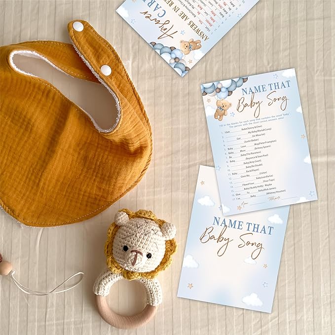 30 Name That Baby Song Game Cards For Baby Shower Game & Activity - Bear & Balloons - Mommy Or Daddy Double-Sided Fill In Game Cards, Gender Reveal Game For Baby Shower Party Favors & Decorations-C01