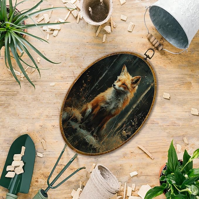 Hiuwevt Vintage Forest Fox Round Wall Art Decor, Dark Academia Fox Framed Canvas Prints, Cottagecore Wild Animal Round Wall Hanging Decor for Home Bedroom Living Room Decorations, 8.6x11.4 Inches