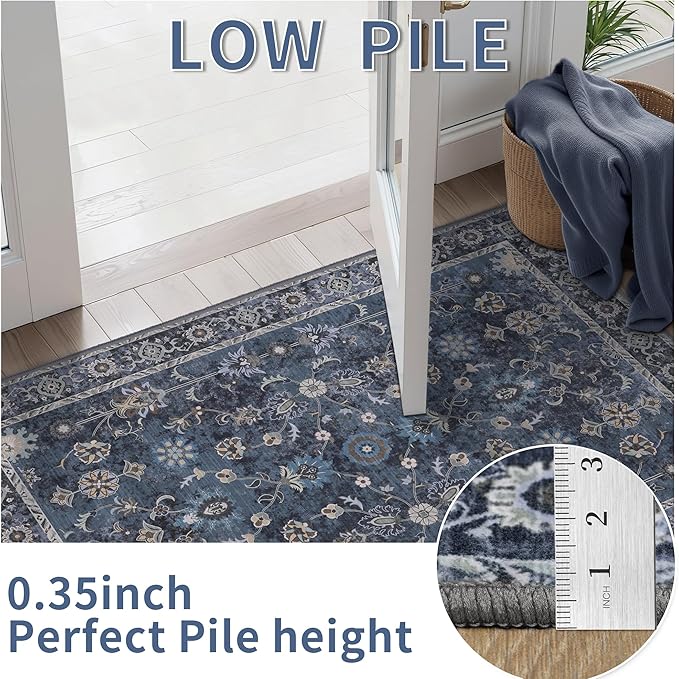 Tangsoo 10x14 Large Area Rug for Living Room, Non Slip Machine Washable Rug for Bedroom, Boho Distressed Vintage Blue Floral Rugs, Soft Indoor Floor Carpet Mat for Office Kitchen Farmhouse Home Decor
