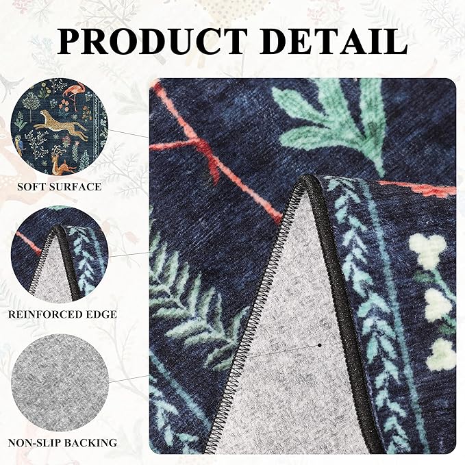 DUKINO 4x6 Rug, Washable Animal Area Rug with Non Slip Vintage Design, Indoor Soft Low Pile Carpet for Bedroom, Nursery, Dining Room, Farmhouse, Playroom, Navy Blue