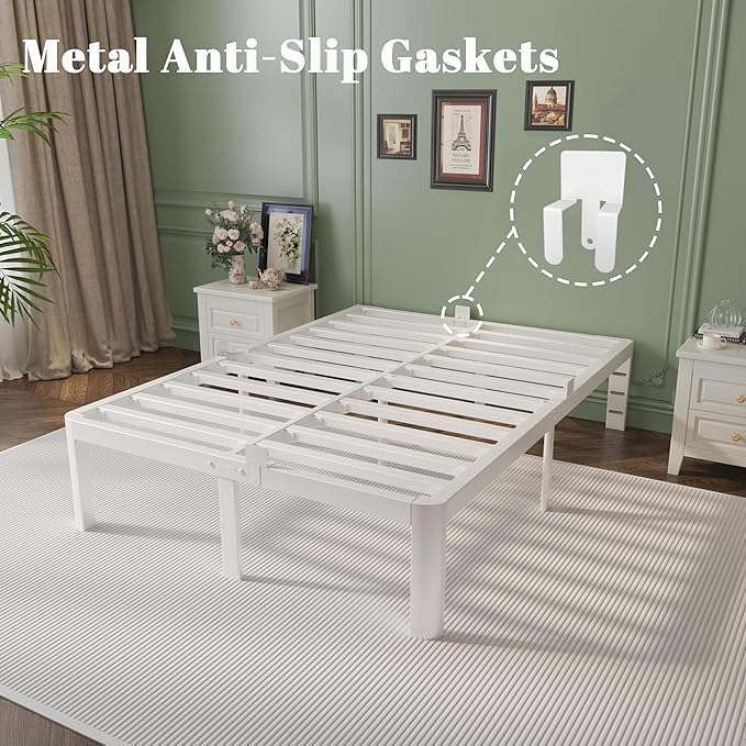 King Size Bed Frame 16 Inch White, Metal King Bed Frame with Baffles, No Box Spring Needed, Heavy Duty Steel Platform Support, Round Corner Design, Reserved Holes, Noiseless, Storage Space