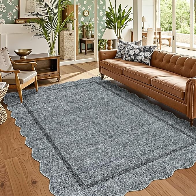 GarveeHome Scalloped Washable Area Rug 6 x 9 Rugs for Living Room Modern Grey Rug Non Slip Throw Rugs Distressed Large Bedroom Rug Low Pile Stain Resistant Carpet for Dining Room Nursery 6'x9' Grey