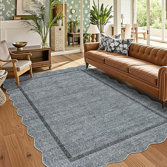 GarveeHome Scalloped Washable Area Rug 6 x 9 Rugs for Living Room Modern Grey Rug Non Slip Throw Rugs Distressed Large Bedroom Rug Low Pile Stain Resistant Carpet for Dining Room Nursery 6'x9' Grey