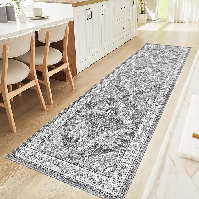 WITSHOCK Kitchen Runner 3x10: Washable Long Runner Vintage Boho Low Pile Stain Resistant Foldable Carpet for Bedroom Hallway Entryway Indoor Entrance, Oriental Distressed Farmhouse Home Decor, Grey