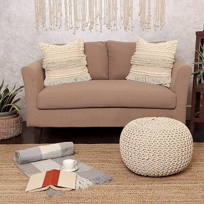 REDEARTH Round Pouf Ottoman - Cable Knitted Boho Poof - Home Décor Cord Pouffe Handmade Circular Footrest for Living Room - Bedroom - Kids Bedroom - 100% Cotton Pouf (19.5"x19.5"x14") - Ivory