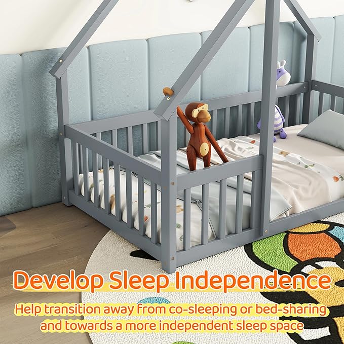 Casaphoria Twin Size House-Shaped Montessori Bedframe, Solid Pine Wood Kids Bed Frame, Toddler Floor Bed with Door & Fence for 1-3 Years Old Kids, Grey
