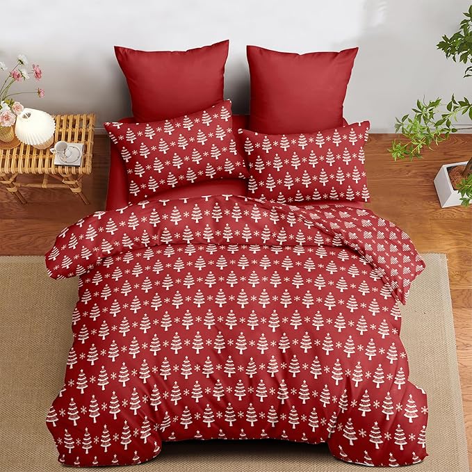 Red Christmas Duvet Cover King Xmas Bedding Set Pine Tree Snowflakes Pattern, Christmas Theme Bedding for Guest Room Bedroom Decor Soft Microfiber Comforter Cover with 2 Pillowcases