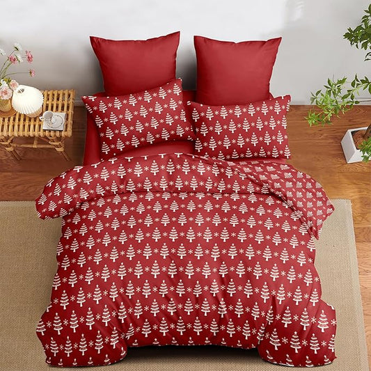 Red Christmas Duvet Cover King Xmas Bedding Set Pine Tree Snowflakes Pattern, Christmas Theme Bedding for Guest Room Bedroom Decor Soft Microfiber Comforter Cover with 2 Pillowcases