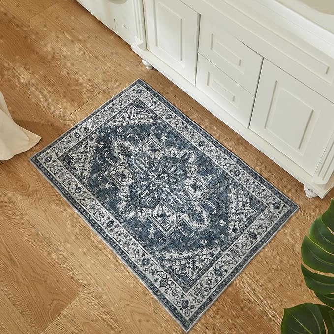 WITSHOCK Indoor Door Mat, Entrance Mat 2x3 Machine Washable Non Slip Backing Mat Soft Foldable,Vintage Rugs Mats, Inside Floor Mat Doormat, Blue