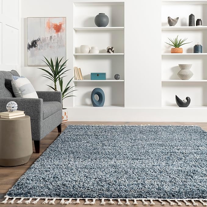 nuLOOM Brooke Shag Tasseled Area Rug - Oval 6'7" x 9' Shag Area Rug Casual Blue/Ivory Rugs for Living Room Bedroom Dining Room Nursery
