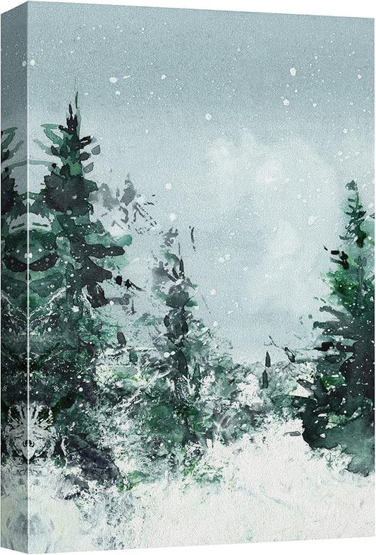 SIGNWIN Canvas Print Wall Art Woodland Nursery Decor Winter Snow Watercolor Pine Tree Forest Nature Illustrations Modern Art Decorative Landscape Colorful for Living Room, Bedroom, Office - 32"x48"