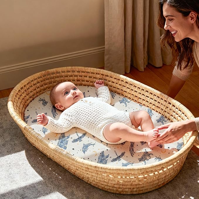 Gllquen Baby Muslin Bassinet Sheets 3 Pack, Breathable Elastic Cozy Fitted Cotton Bassinet Mattress Sheet for Baby Boy Girls, Fit for Hourglass Oval Rectangular Cradle Pad Sheets 33"x17" (Star)