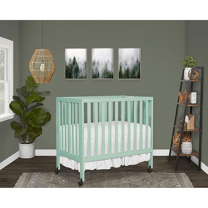 Dream On Me Jett Mini Folding Baby Crib in Mint, GreenGuard Gold & JPMA, Lightweight & Portable, Patented Flat Folding System for Small Spaces & Travel, 1.5” Mattress Pad, 3 Heights, Safe Wheels
