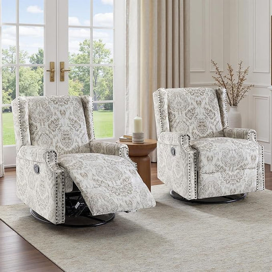 UIXE Swivel Glider Recliner Chairs Set of 2, High Back Nursery Rocker Fabric Accent Chair for Living Room, Rivet Trim Upholstered Armchair Manual Reclining Sofa Seating - Beige Floral