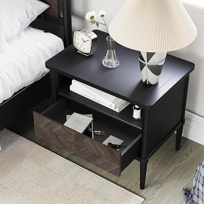 Lenia Solid Wood Nightstand, Mid Century Modern Night Stand End Table Bedroom Living Room, Herringbone Pattern Bedside Table for, Rustic Side Table with Drawer & Open Storage, Mocha Black
