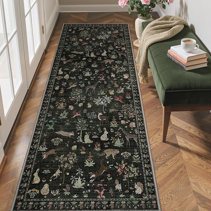 Runner Rug Non Slip 2'6''x 6', Floral Animal Print Rug Machine Washable Rug, Non Slip Low Pile Hallway Runner Carpet for Kitchen, Laundry, Bedroom, Bathroom, Dark Green
