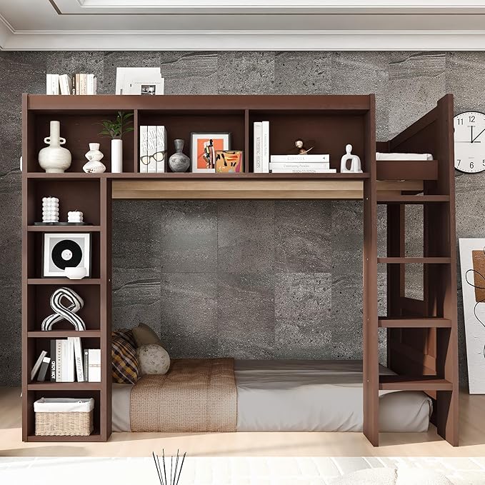 Playhouse Design Queen Size Loft Bed with Built-in Storage Shelves and 2 Windows, Solid Wood Loft Bed Frame with Safety Guardrail for Kids Teens Boys Girls, Space-Saving (Brown-12.9)