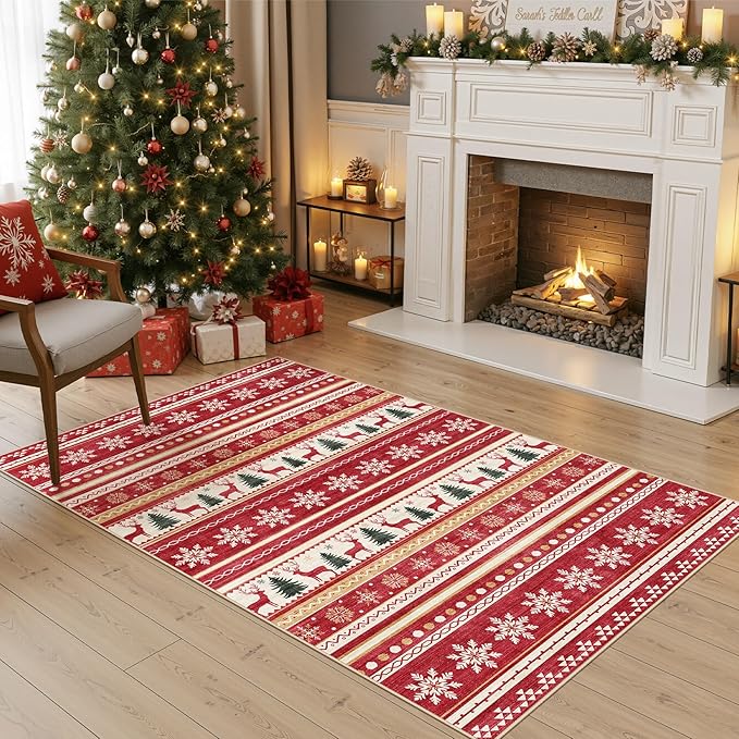 Area Rugs for Living Room Washable Living Room Rug Soft Neutral Indoor Floor Carpet Non-Slip Stain Resistant Modern Boho Rugs for Bedroom Dining Room Kids Room Nursery Office Home Red Green