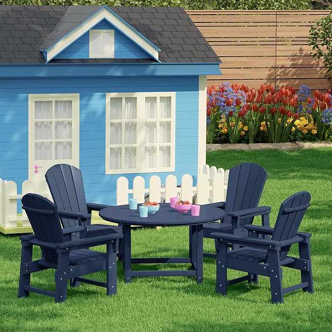 Costaelm Paradise Kids 5-Piece HDPE Outdoor Patio Round Dining Table and Chairs Set, Navy Blue