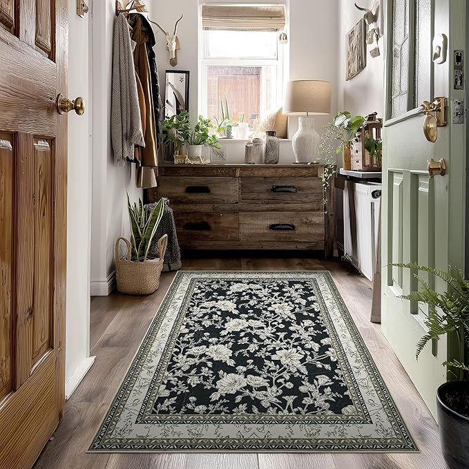 Black Floral Area Rug for Entryway 2x3 Washable Small Rug Low Pile Non Slip Distressed Entry Mat Soft Farmhouse Indoor Entrance Door Mat for Kitchen Bedroom Black with Beige Cream Taupe Floral Design