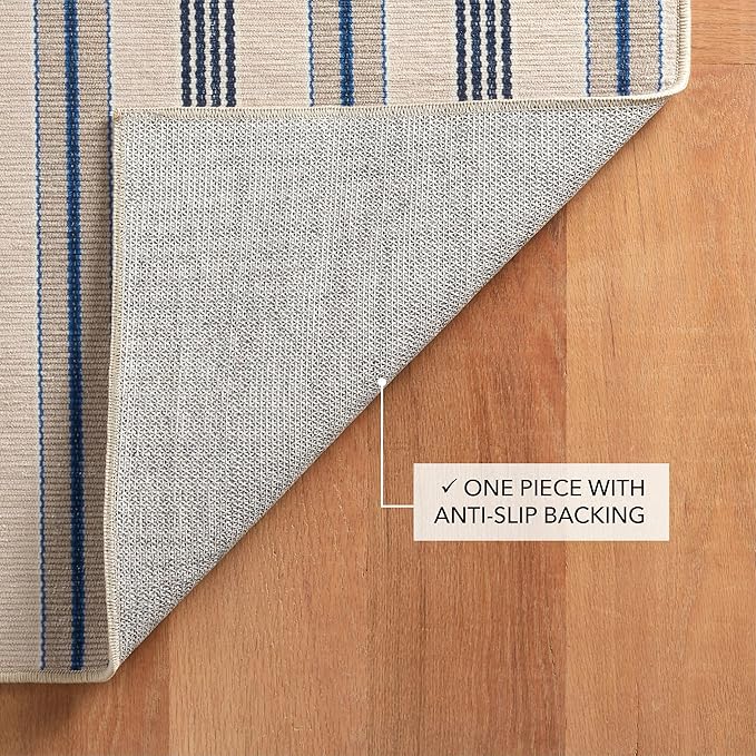 Dash and Albert Nimes Ticking Machine Washable Area Rug - 6' x 9' Neutral Stripe Washable Accent Rug - Durable, High Traffic Areas Kitchen, Mudroom, Hallways