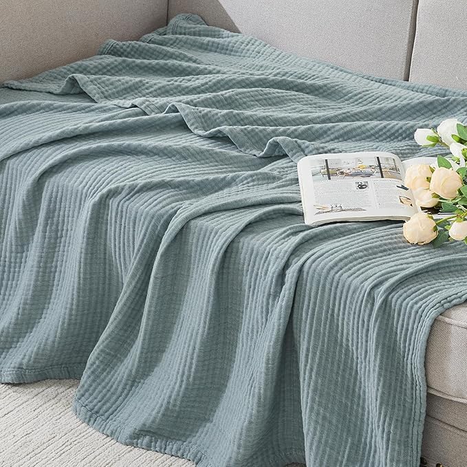 EMME Cotton Muslin Large Throw Blanket Couch Breathable Gauze Soft Lightweight Bed Blankets Adults (Heather Teal, 50"x70")
