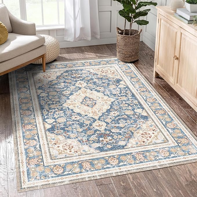 Vhong Boho Area Rugs Washable Vintage Modern Neutral Small Carpet Blue 3×5 High Traffic Rugs for Dinning Room Living Room Bedroom Farmhouse Non Slip