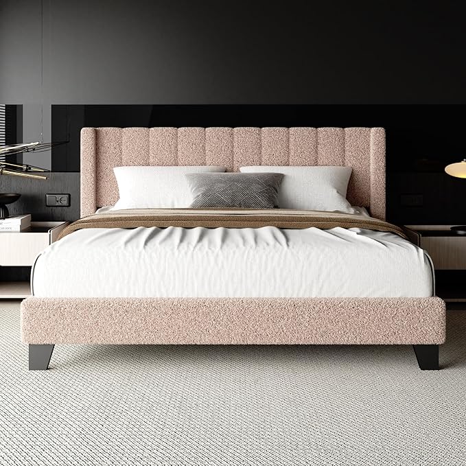 Queen Bed Frame with Headboard Upholstered Platform Bed Frame with Teddy Velvet Headboard, Wooden Slats Support/Wing Edge Design/No Box Spring Needed/Easy Assembly, Brown Queen