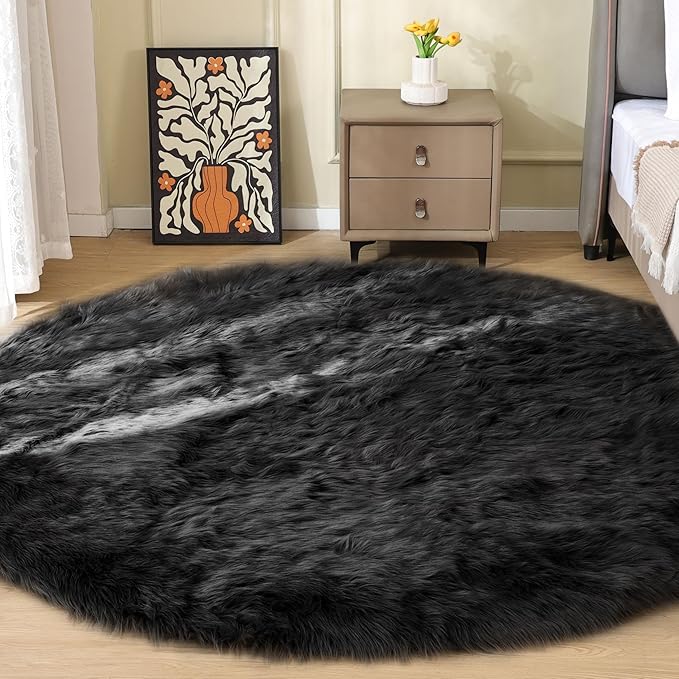 Washable Faux Fluffy Fur Round Area 6.6ft Rugs for Living Room Black Large Furry Rug for Bedroom Boho Circle Nursery Rug Teen Room Décor