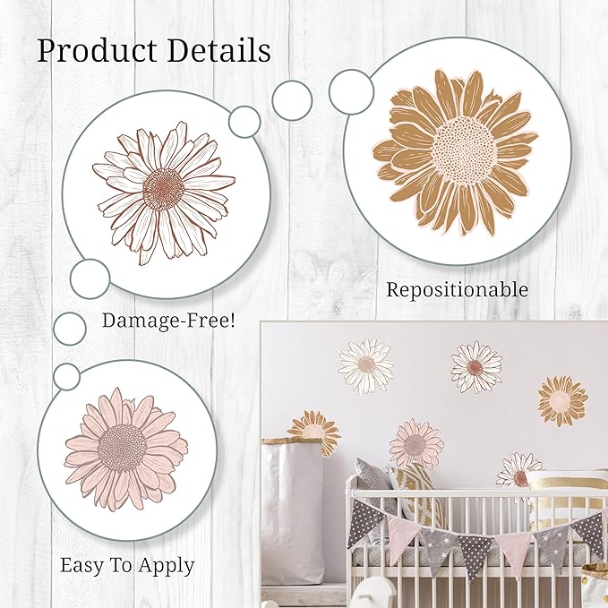 Boho Sunflower Wall Decals - Set of 6 7" Vinyl Flower Room Decor Peel and Stick Removable Floral Stickers for Nursery Bedroom Bathroom