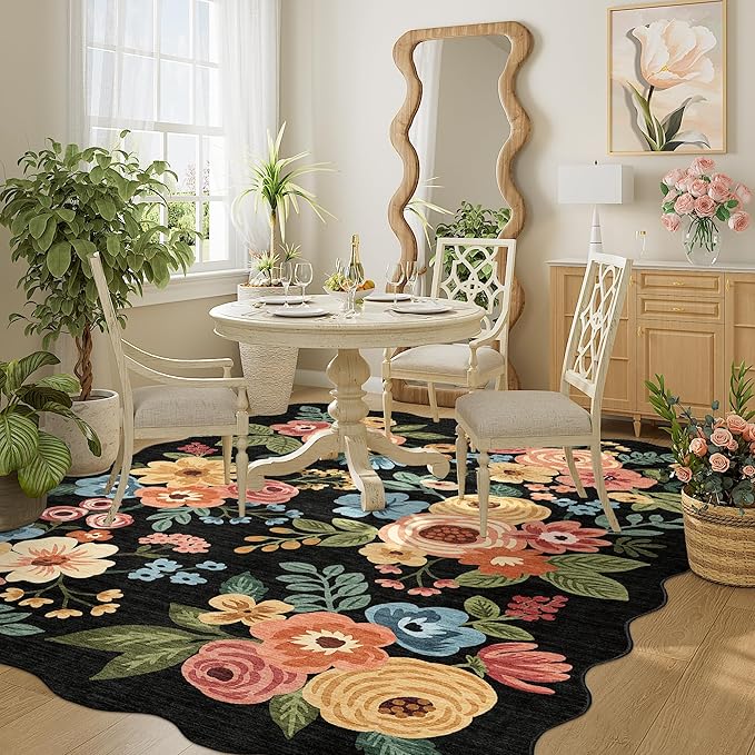 DUKINO 4x6 Area Rug, Floral Non-Slip Indoor Washable Rug with Low Pile & Non-Shedding, Lightwight Boho Design Carpet for Entryway, Bedroom, Kids Room, Living Room, Kitchen, Black