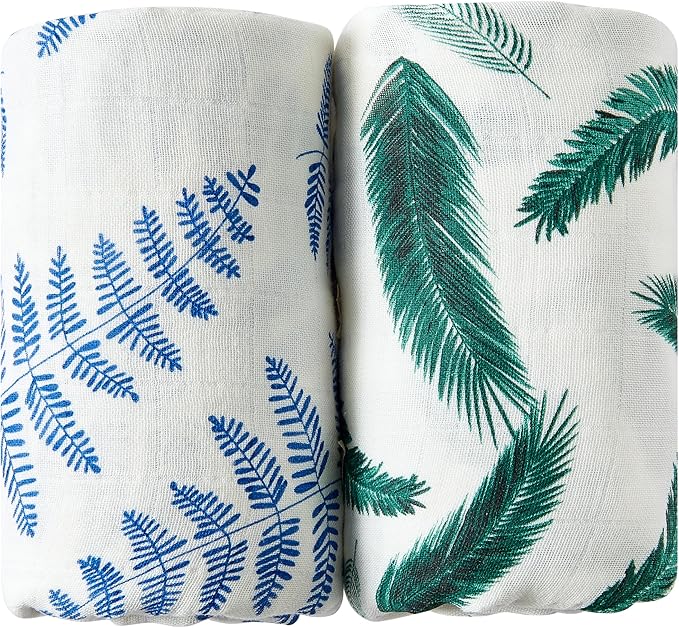 Margaux & May Organic Muslin Swaddle Blankets 2 Pack - 100% Organic, Large 47x47 Inches, Breathable Baby Blankets, Blue Fern and Green Feather