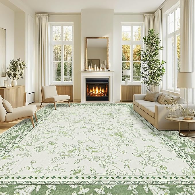 Sage Green and Cream Rug 10x14 Living Room Machine Washable Area Rugs Vintage Boho Farmhouse Sketch Style Floral Extra Large for Bedroom Non Slip Soft Carpet for Dining Room Playroom Floor Covering