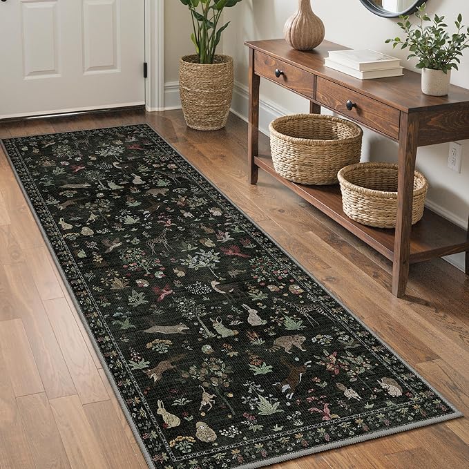 Runner Rug Non Slip 2'6''x 6', Floral Animal Print Rug Machine Washable Rug, Non Slip Low Pile Hallway Runner Carpet for Kitchen, Laundry, Bedroom, Bathroom, Dark Green