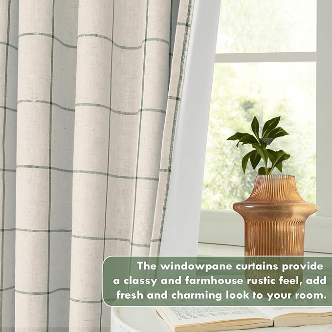 DriftAway 2 Panels 100% Blackout Windowpane Plaid Linen Curtains Double Layer Drapes for Bedroom 96 Inches Long Farmhouse Thermal Insulated 3.25 Inch Rod Pocket Back Tab for Living Room Loden Green