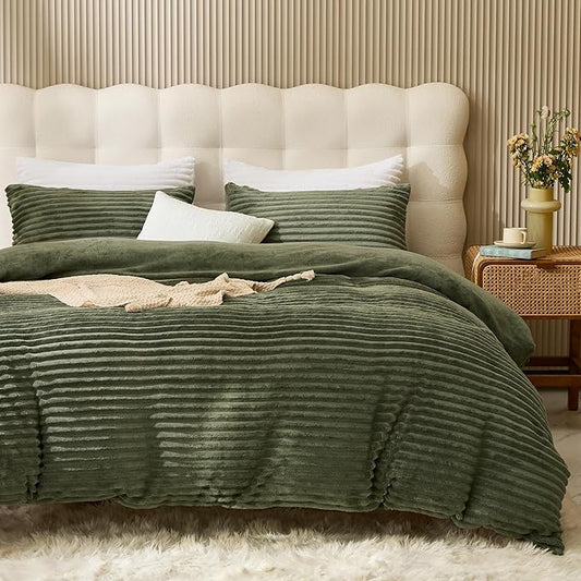 JELLYMONI Plush Duvet Cover Set - Queen Size Green Striped Fluffy Comforter Cover 3pcs Bedding Set Luxury Ultra Soft Faux Fur Duvet Cover with Zipper and 2 Pillowcases (NO Comforter)