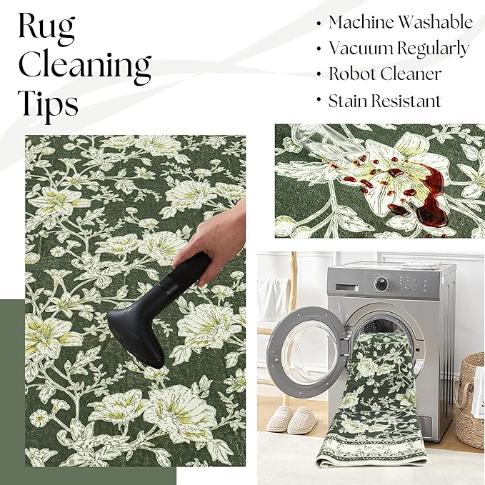 Olive Green Floral Print Area Rugs for Bedroom Living Room Boho Farmhouse Country Rustic Dining Room Carpet Soft Washable Rugs Non Slip Floor Covering for Nursery Playroom 4x6