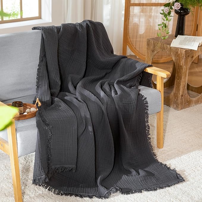 MooMee Muslin Blanket - 100% Cotton 4-Layer Gauze Throw Blanket with All-Around Fringe, Ultra-Soft Breathable Lightweight Cooling Decorative for Bed, Sofa & Couch (Dark Grey, Queen 90" x 90")