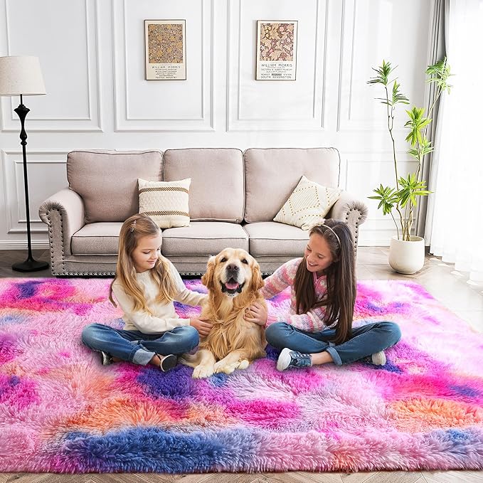 Rainbow Rug - 2 x 4' Non-Slip Height Pile 1.4" Plush Rug Rubber Back - Throw Rugs Carpet for Bedroom - Multicolor