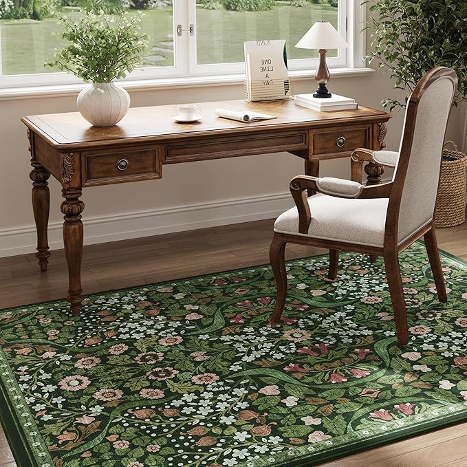 5x7 Green Floral Washable Area Rug for Living Room, Non-Slip Soft Vintage Boho Carpet, Botanical Forest Green Low Pile Rugs for Bedroom, Dinning Room, Home Office, Dorm, Nursery, Dark Green