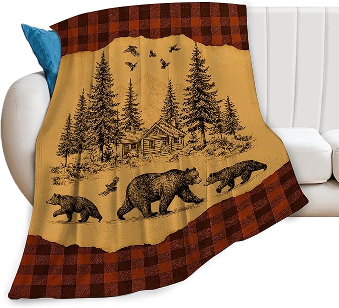 Bear Blanket Rustic Cabin Country Bear Hunting Throw Blanket Soft Cozy Fleece Fuzzy Plush Warm Stuff Bedding Wild Animal Blankets Gifts for Boys Girls Kids Adult Men Women 50"X60"