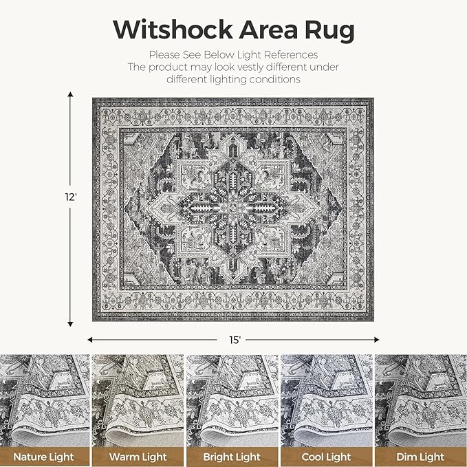 WITSHOCK Gray Living Room Rugs 12x15: Washable Vintage Boho Distressed Soft Non-Slip Low Pile Stain Resistant Foldable Carpet for Bedroom Playroom Dining Room Office, Thin Accent Farmhouse Home Decor