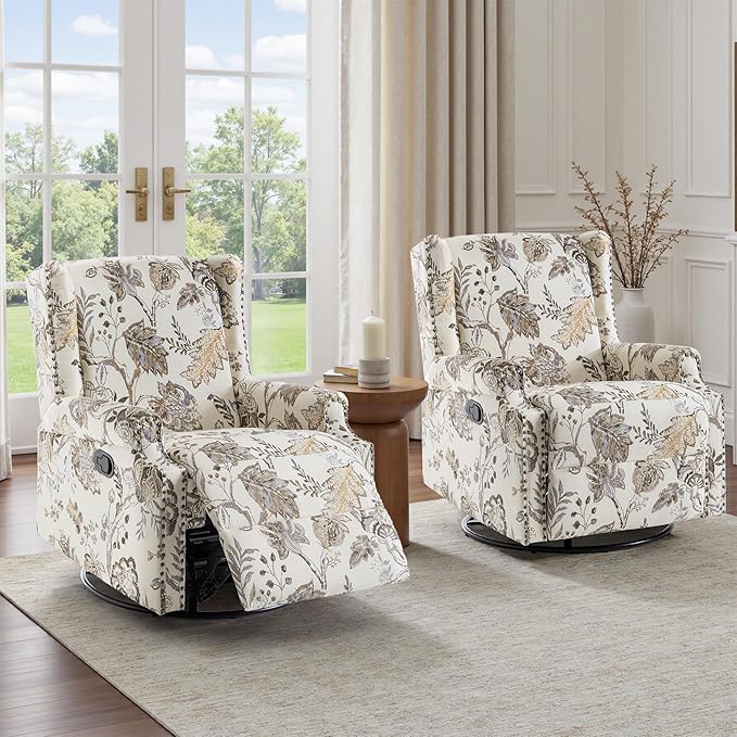 UIXE Floral Swivel Glider Recliner Chairs Set of 2, High Back Nursery Rocker Fabric Accent Chair for Living Room, Rivet Trim Upholstered Armchair Manual Reclining Sofa Seating - Beige Plants
