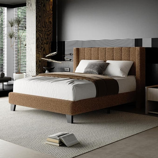 Full Bed Frame with Headboard Upholstered Platform Bed Frame with Teddy Velvet Headboard, Wooden Slats Support/Wing Edge Design/No Box Spring Needed/Easy Assembly, Camle