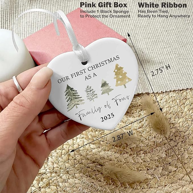Our First Christmas as a Family of Four-2025 for The Second Kid from Parents-Litter Brother Sister New Baby Gift-Welcome Newborn Birth-Hanging Heart Shaped Ornament-Double Sided Printed