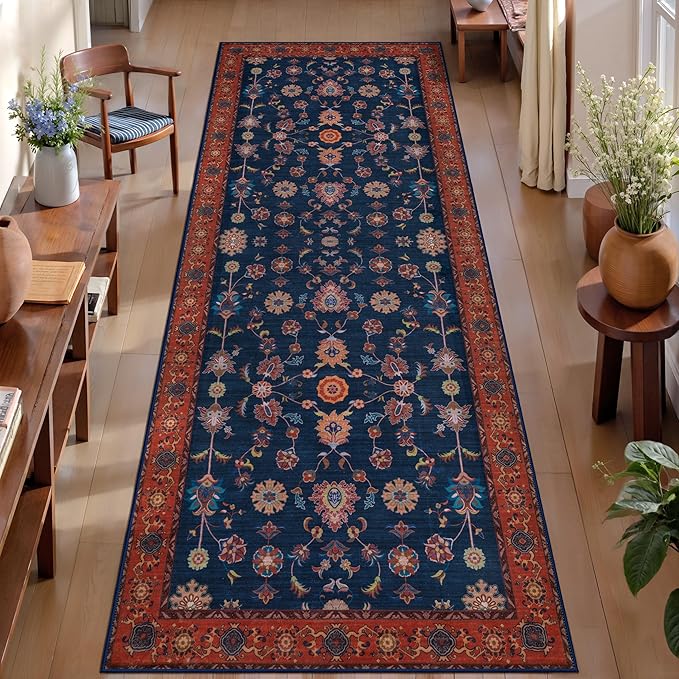 Tangsoo Washable Runner Rug for Hallway Non Slip, 2.6x8 Boho Floral Vintage Carpet Runner Rugs for Entryway, Floor Low Pile Runners for Kitchen Bathroom Laundry Bedroom Alfombra Red Blue Farmhouse