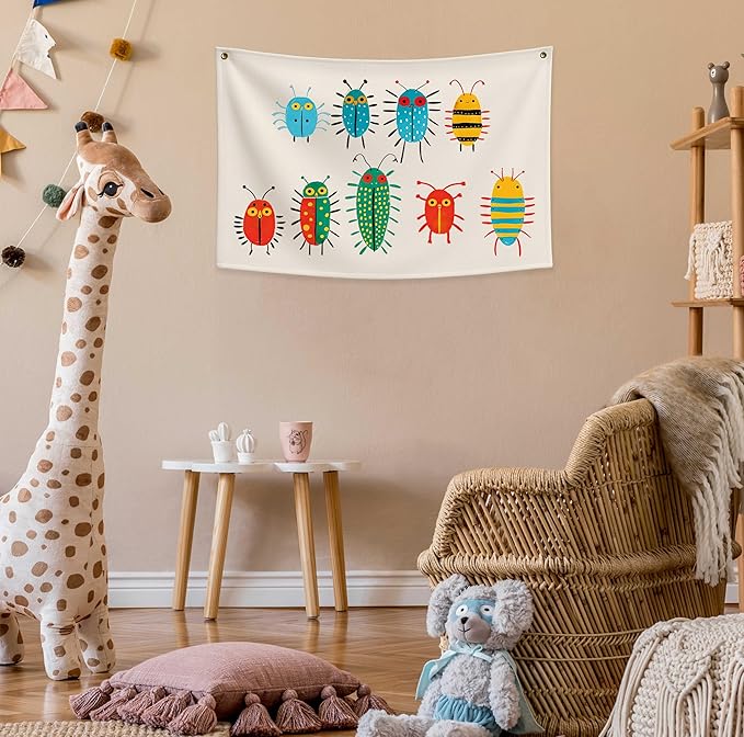 Insects Theme Education Rectangular Canvas Banner-Boho Flag Wall Decor for Boy Girl Kids,Nursery Above Crib Bedroom Reading Room Playroom Teacher Office Decor-Baby Shower Birthday Christmas Gift