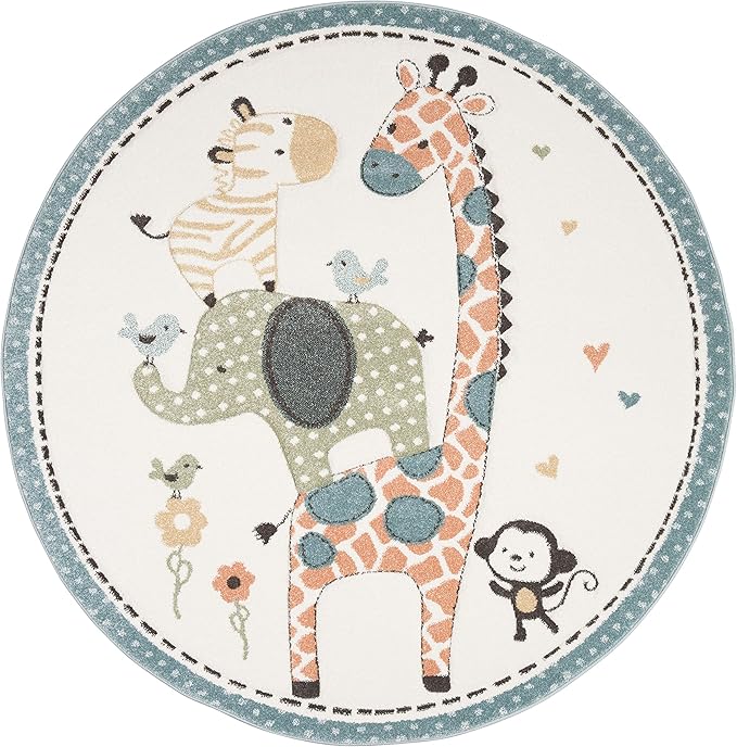 SAFAVIEH Carousel Kids Collection Area Rug - 4' Round, Ivory, Animal Design, Non-Shedding & Easy Care, Ideal for High Traffic Areas for Boys & Girls in Playroom, Nursery, Bedroom (CRK120A)