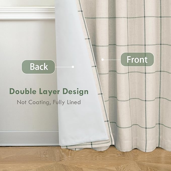 DriftAway 2 Panels 100% Blackout Windowpane Plaid Linen Curtains Double Layer Drapes for Bedroom 84 Inches Long Farmhouse Thermal Insulated 3.25 Inch Rod Pocket Back Tab for Living Room Loden Green